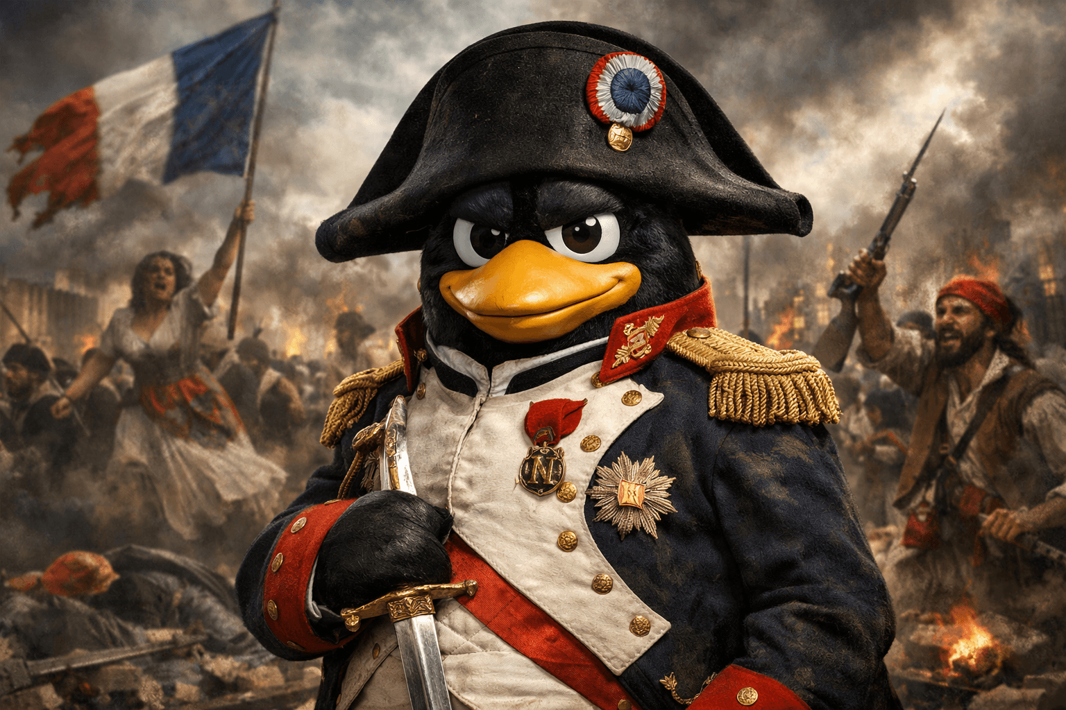 TUX, the penguin mascot, dressed as Napoleon during the French Revolution